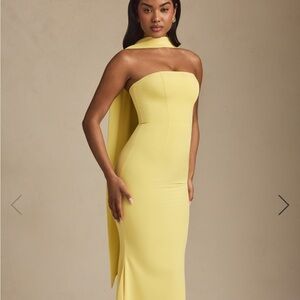 Oh Polly Scarf-Detail Strapless Gown in Pastel Yellow